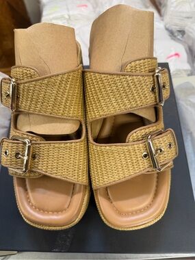 Marc Fisher Tan Woven Double-Buckle Platform Slides